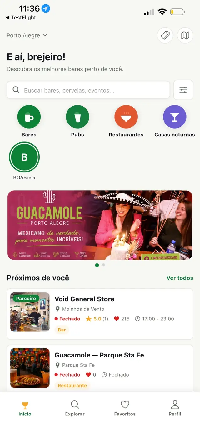 BOABreja App - tela inicial com bares próximos